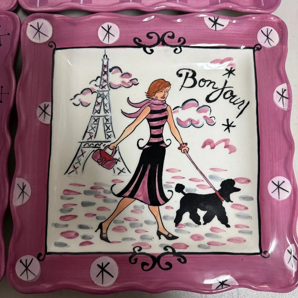 Jennifer Brinley Certified International Pink Square Appetizer Plates (4) Travel
